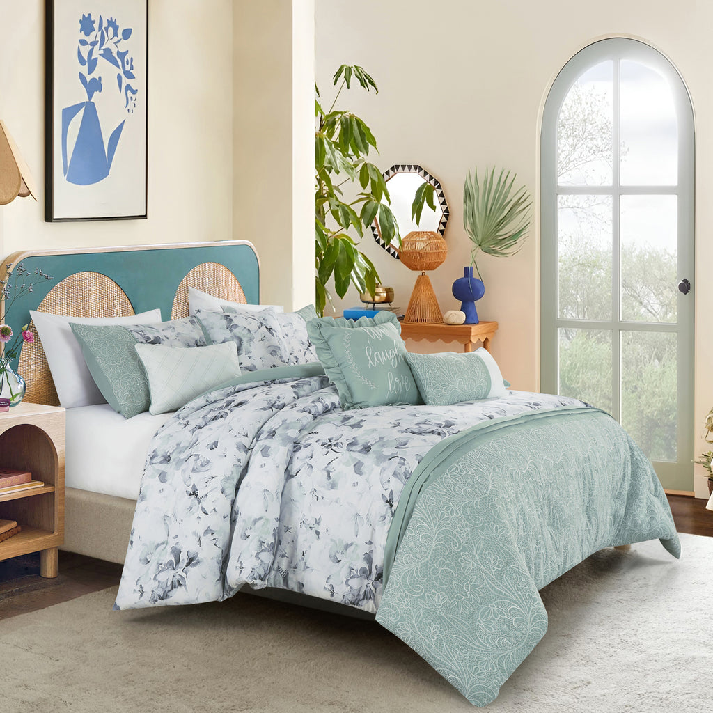 Soft Mint Green and Grey Watercolor Floral Comforter Set, styled on a made bed