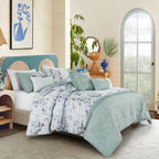Soft Mint Green and Grey Watercolor Floral Comforter Set, styled on a made bed