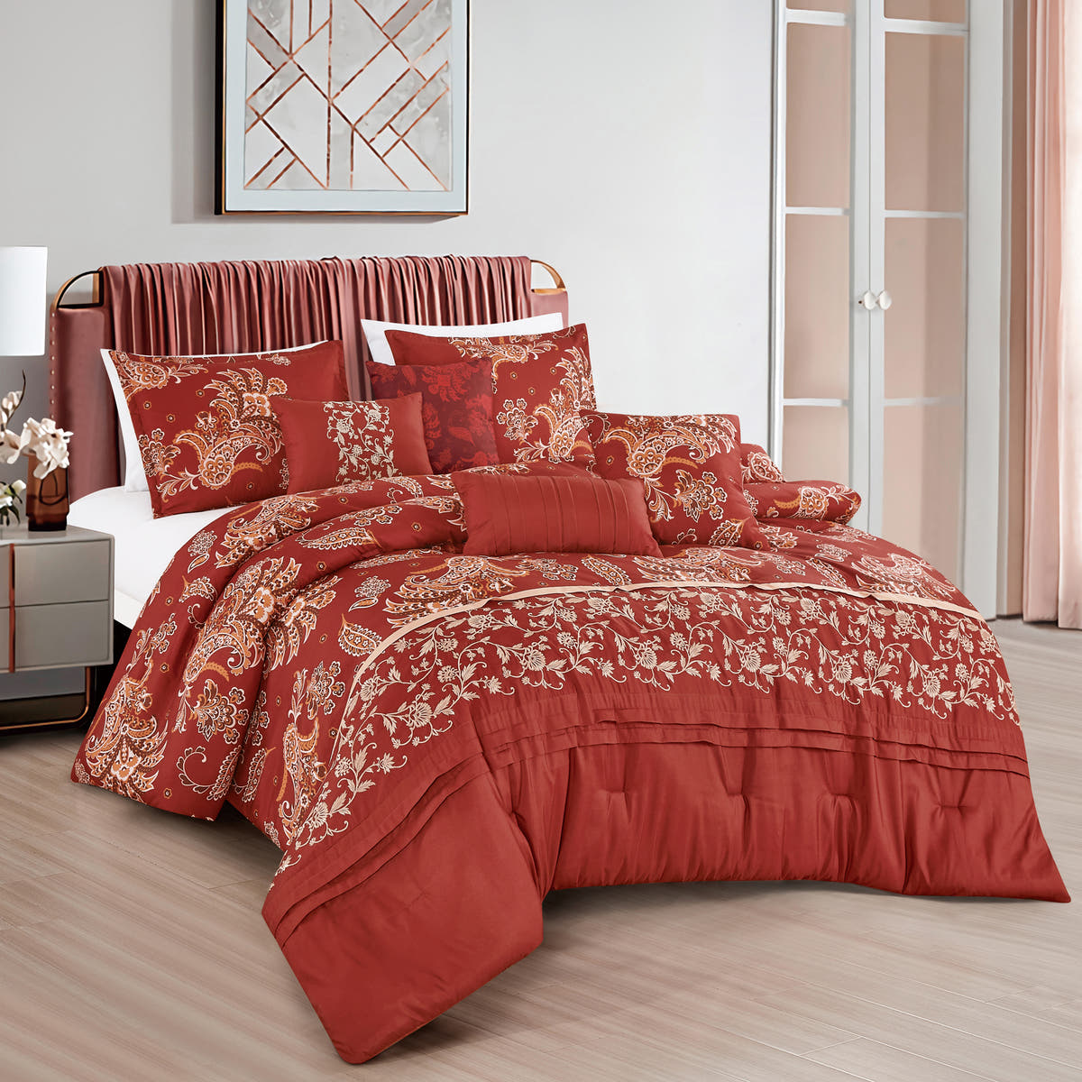 Red Paisley 7-Piece Comforter Set - styled bedding set