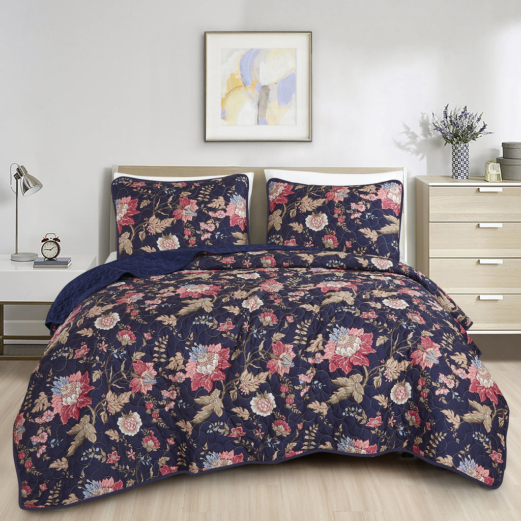 Navy Floral 3-Piece Bedspread Set - styled bedding set