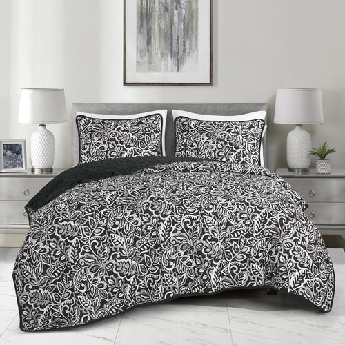 Black & White Botanical 3-Piece Bedspread Set - styled bedding set