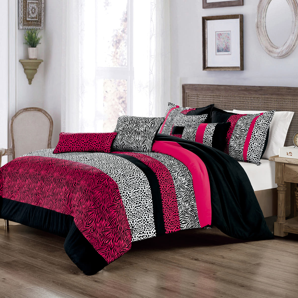 Hot Pink Animal Print 7-Piece Comforter Set - styled bedding set