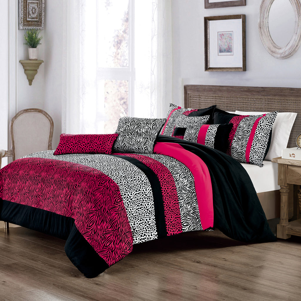 Hot Pink Animal Print 7-Piece Comforter Set - styled bedding set
