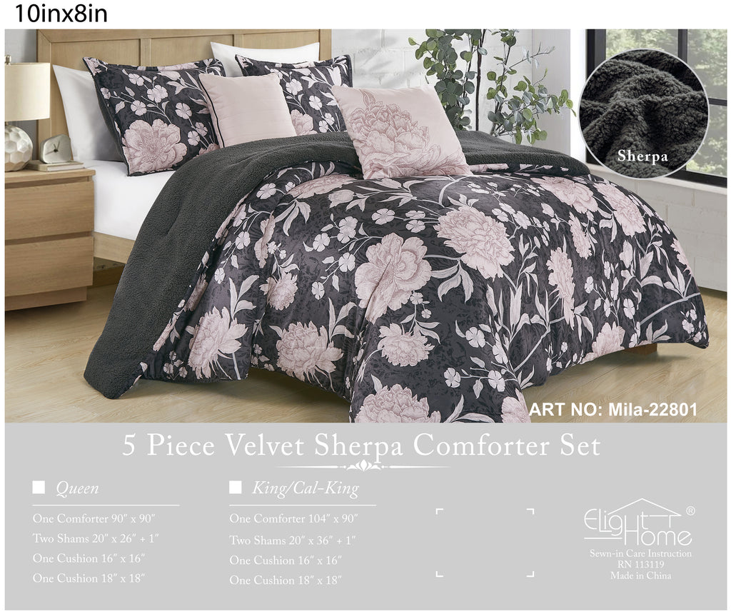 Dark Grey and Pink Floral 5-Piece Bedding Set, shown in a bedroom setting
