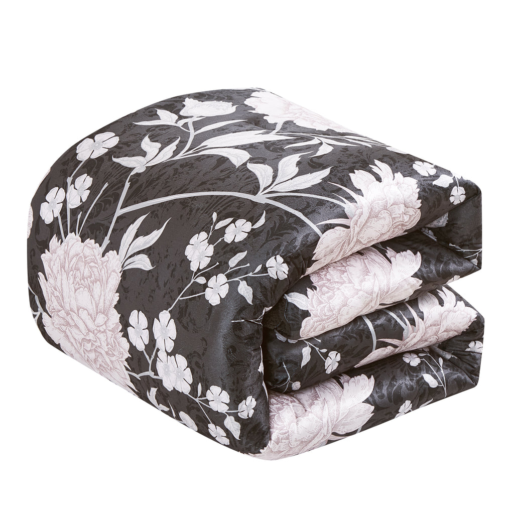 Comforter detail from the Dark Grey and Pink Floral 5-Piece Bedding Set
