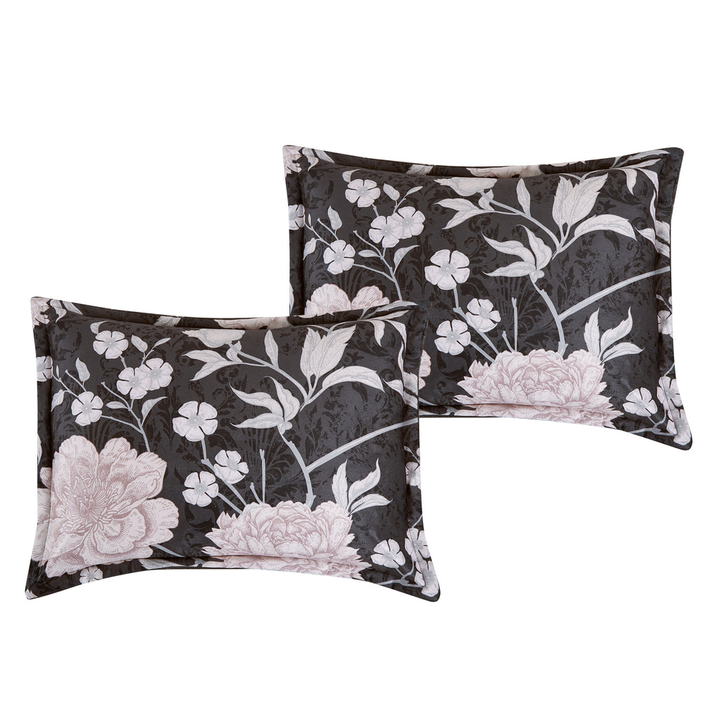 Matching pillow shams from the Dark Grey and Pink Floral 5-Piece Bedding Set