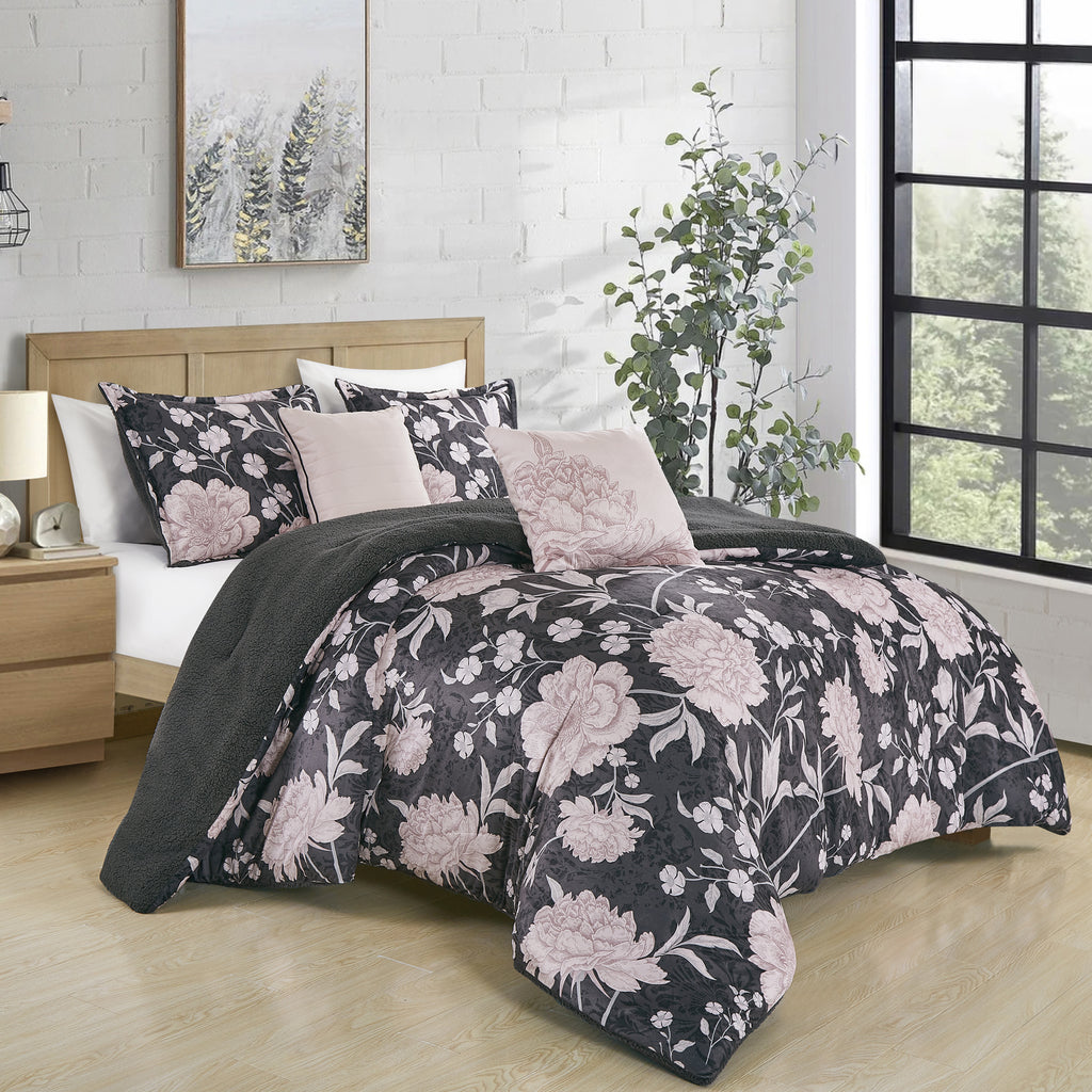 Dark Grey and Pink Floral 5-Piece Bedding Set, styled on a made bed
