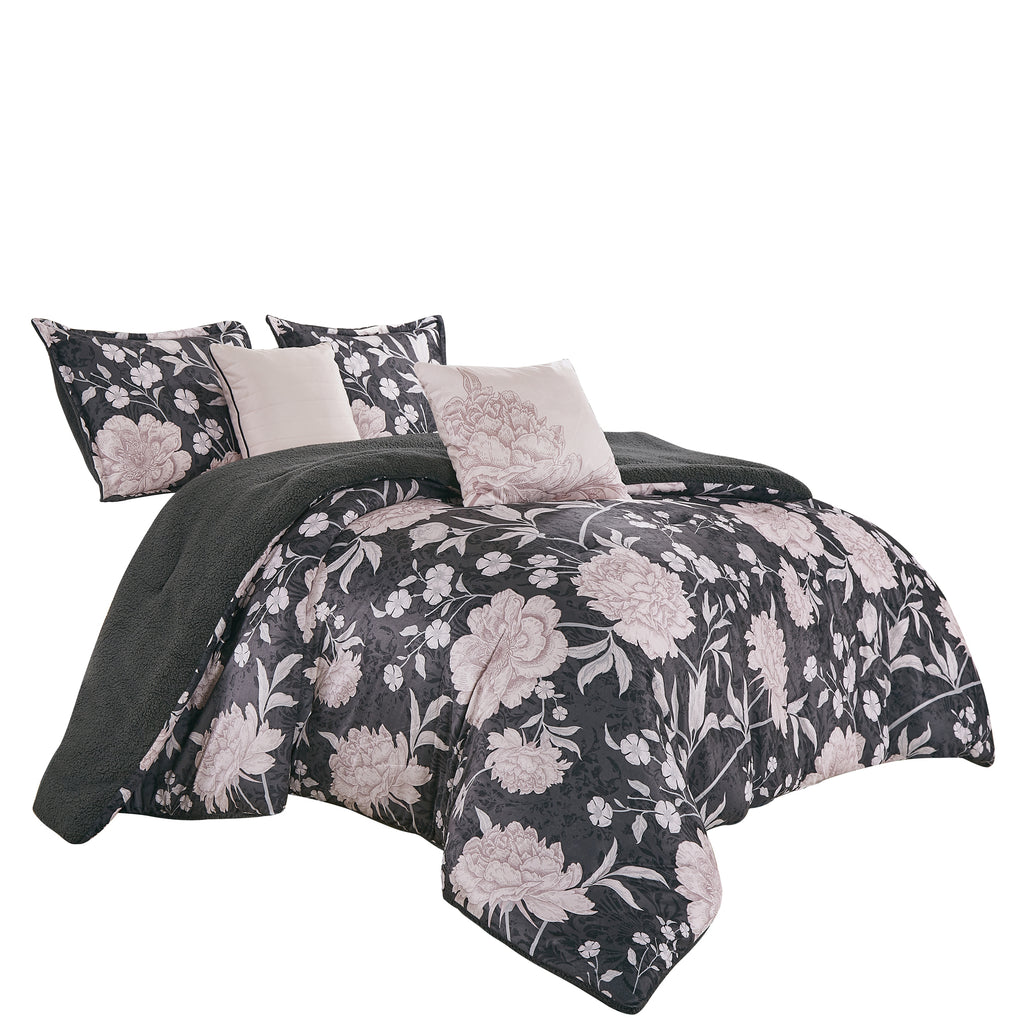 Alternate view of the Dark Grey and Pink Floral 5-Piece Bedding Set
