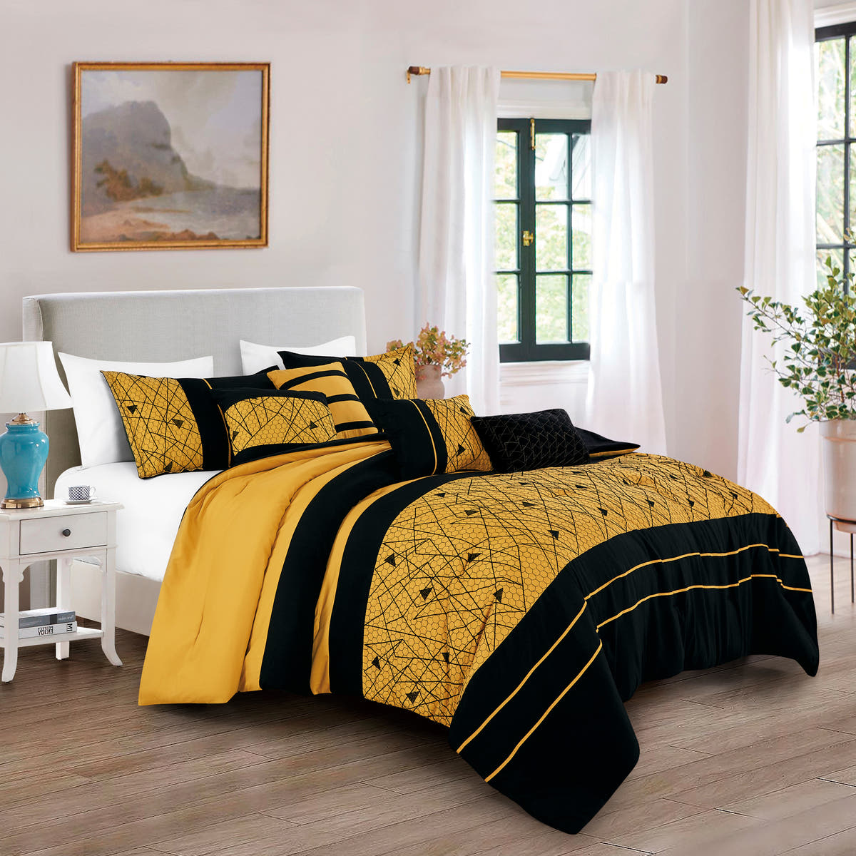 Yellow and Black Geometric 7-Piece Comforter Set - styled bedding set