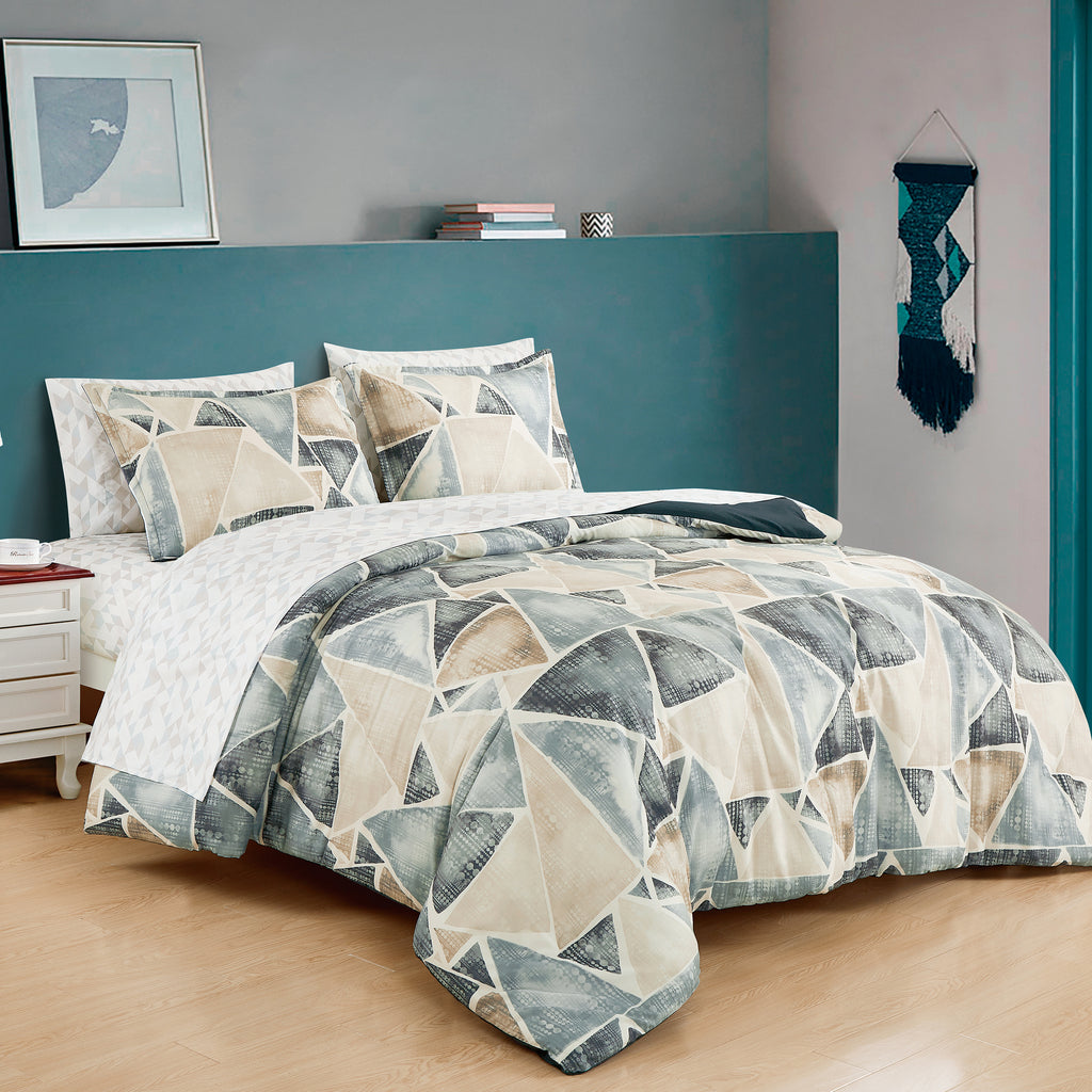 Modern Abstract Geometric 7-Piece Comforter and Sheet Set, styled on a made bed