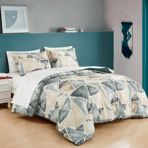 Modern Abstract Geometric 7-Piece Comforter and Sheet Set, styled on a made bed