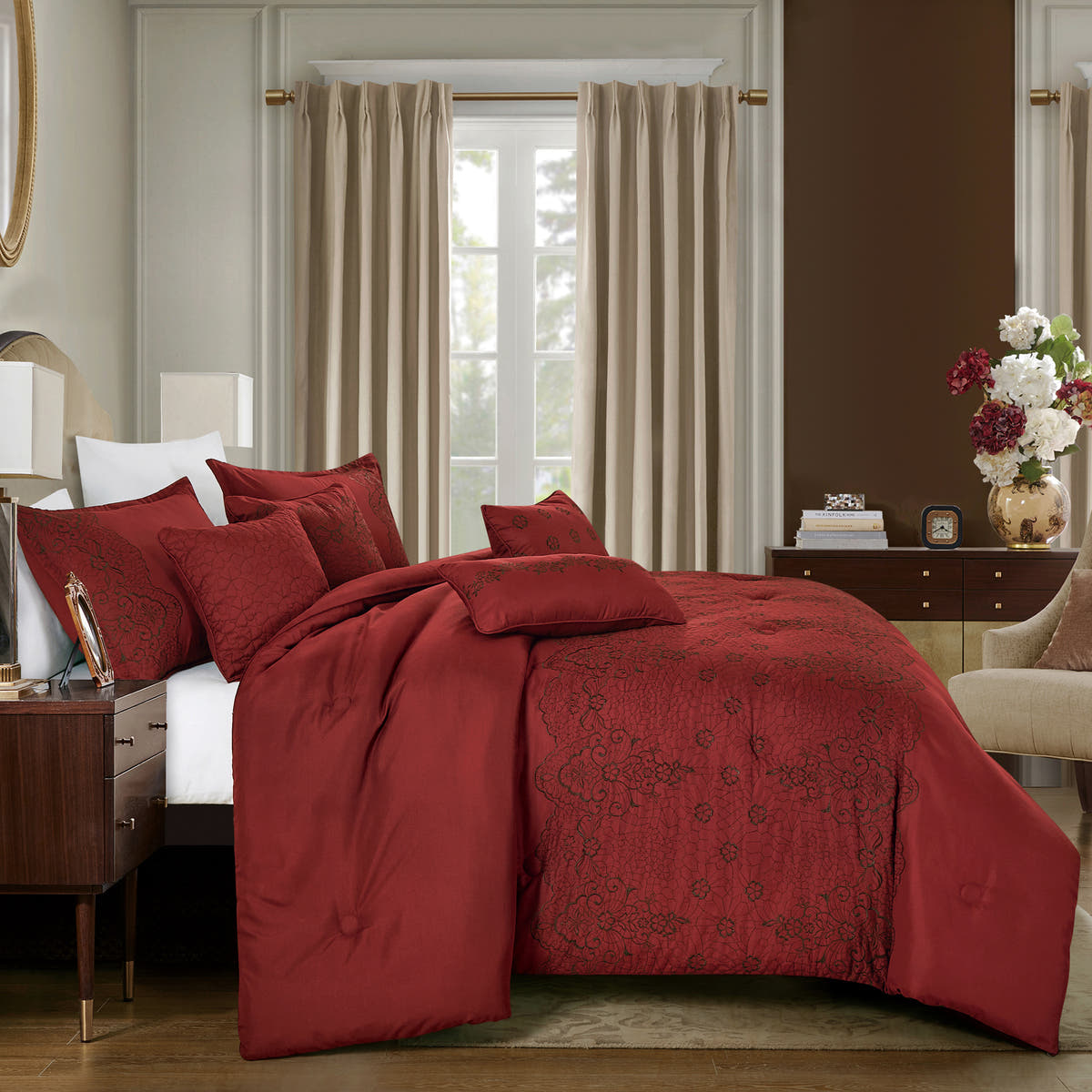 Burgundy Embroidered 7-Piece Comforter Set - styled bedding set