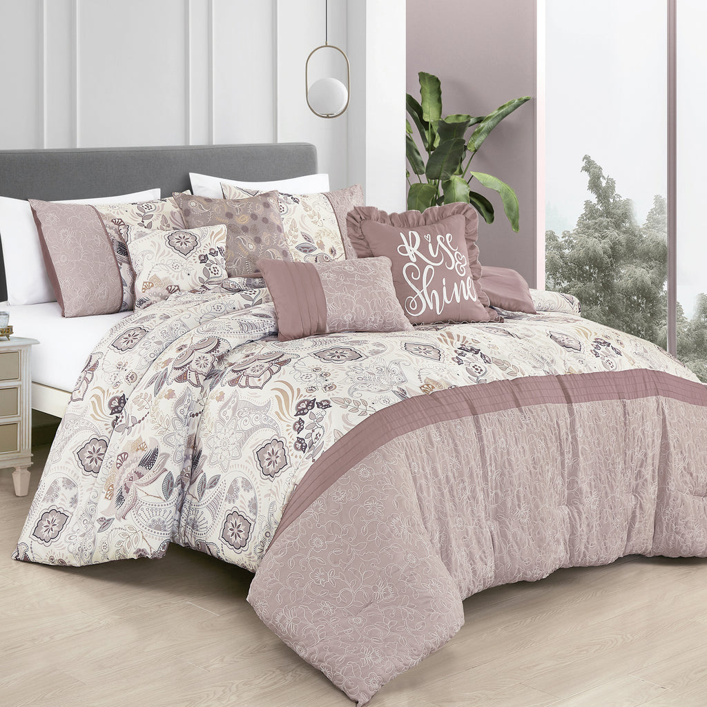 Mauve Floral 7-Piece Comforter Set - styled bedding set