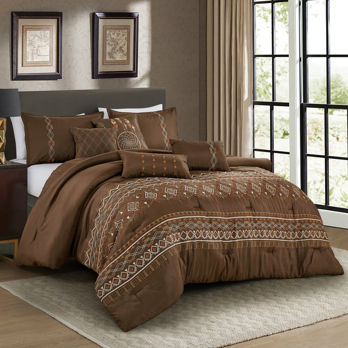 Brown Geometric Embroidered 7-Piece Comforter Set - styled bedding set