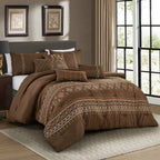 Brown Geometric Embroidered 7-Piece Comforter Set - styled bedding set