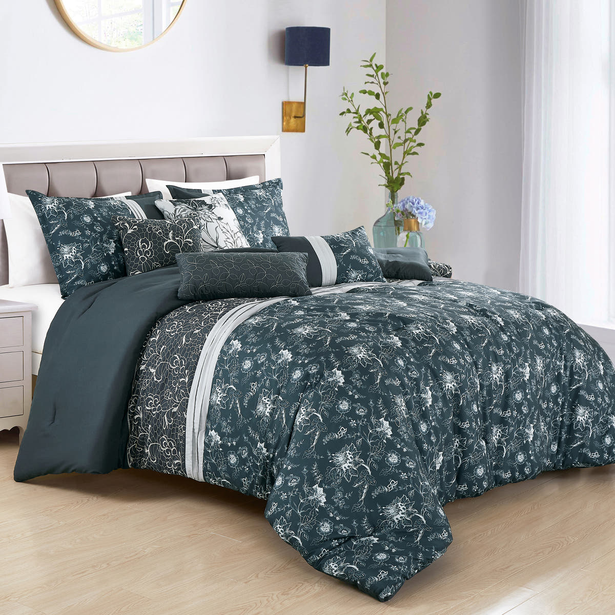 Dark Teal Floral 7-Piece Comforter Set - styled bedding set