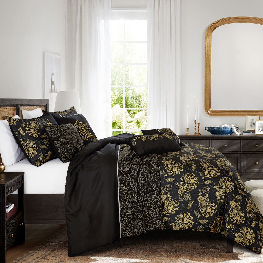 Black and Gold Paisley 7-Piece Comforter Set - styled bedding set