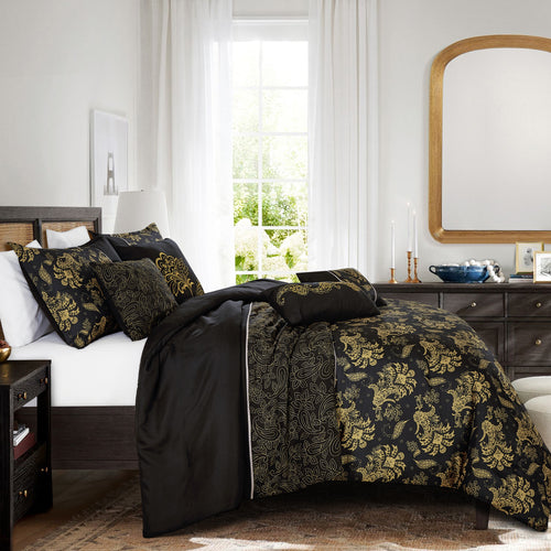 Black and Gold Paisley 7-Piece Comforter Set - styled bedding set