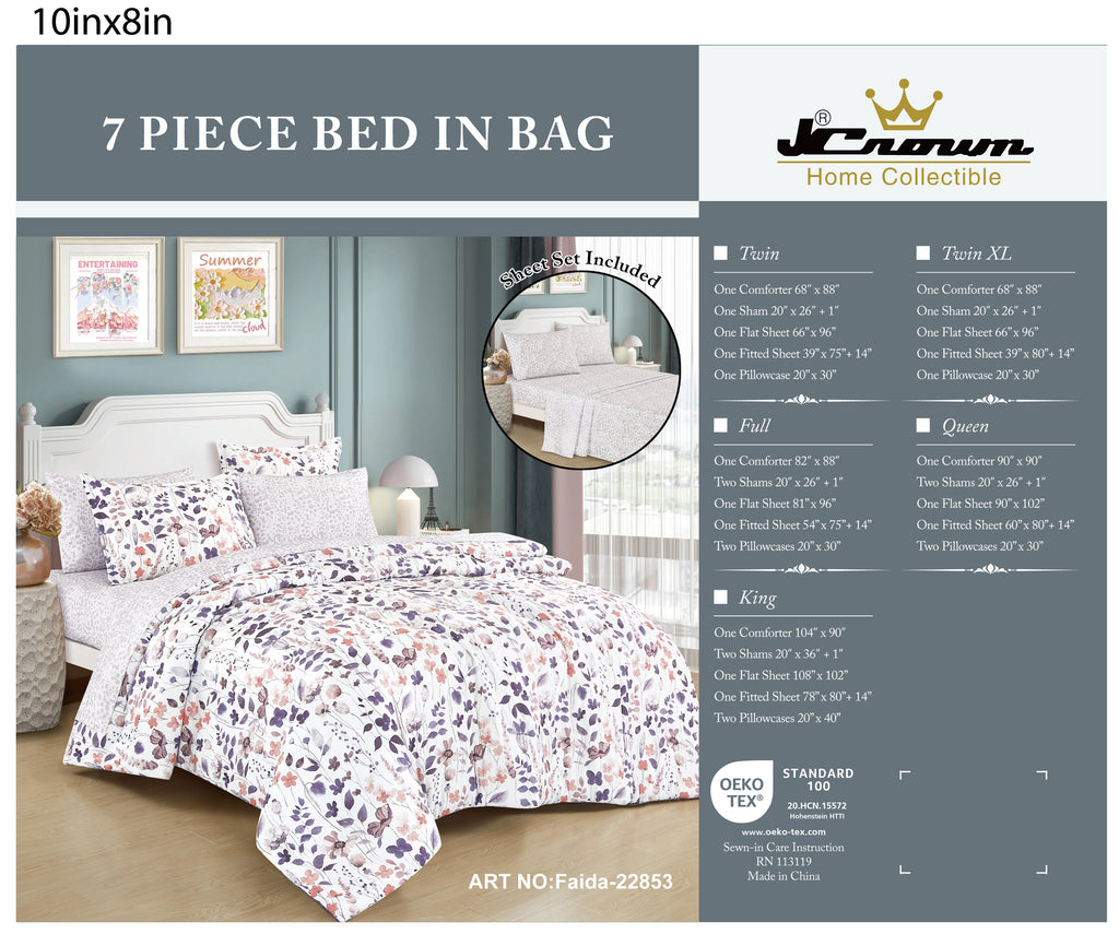 Modern Botanical Purple and Pink 7-Piece Complete Bedding Ensemble, shown in a bedroom setting