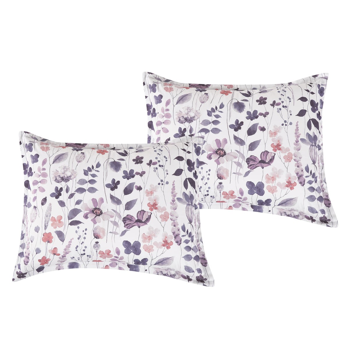 Matching pillow shams from the Modern Botanical Purple and Pink 7-Piece Complete Bedding Ensemble