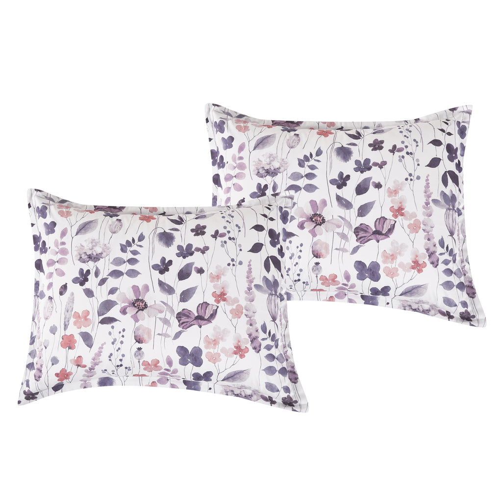 Matching pillow shams from the Modern Botanical Purple and Pink 7-Piece Complete Bedding Ensemble