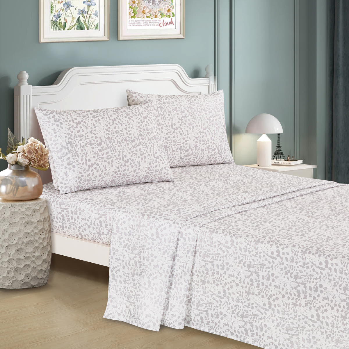 Sheet detail from the Modern Botanical Purple and Pink 7-Piece Complete Bedding Ensemble