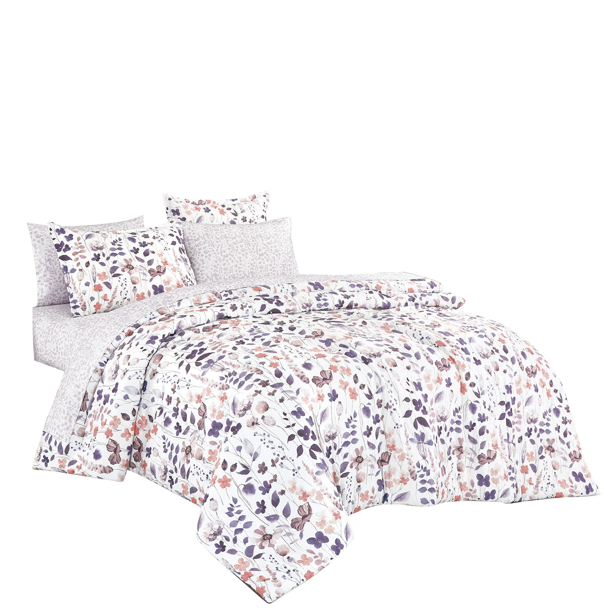 Alternate view of the Modern Botanical Purple and Pink 7-Piece Complete Bedding Ensemble