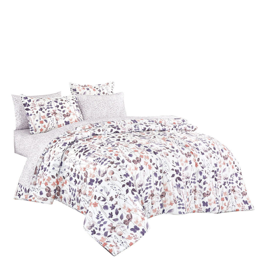 Alternate view of the Modern Botanical Purple and Pink 7-Piece Complete Bedding Ensemble