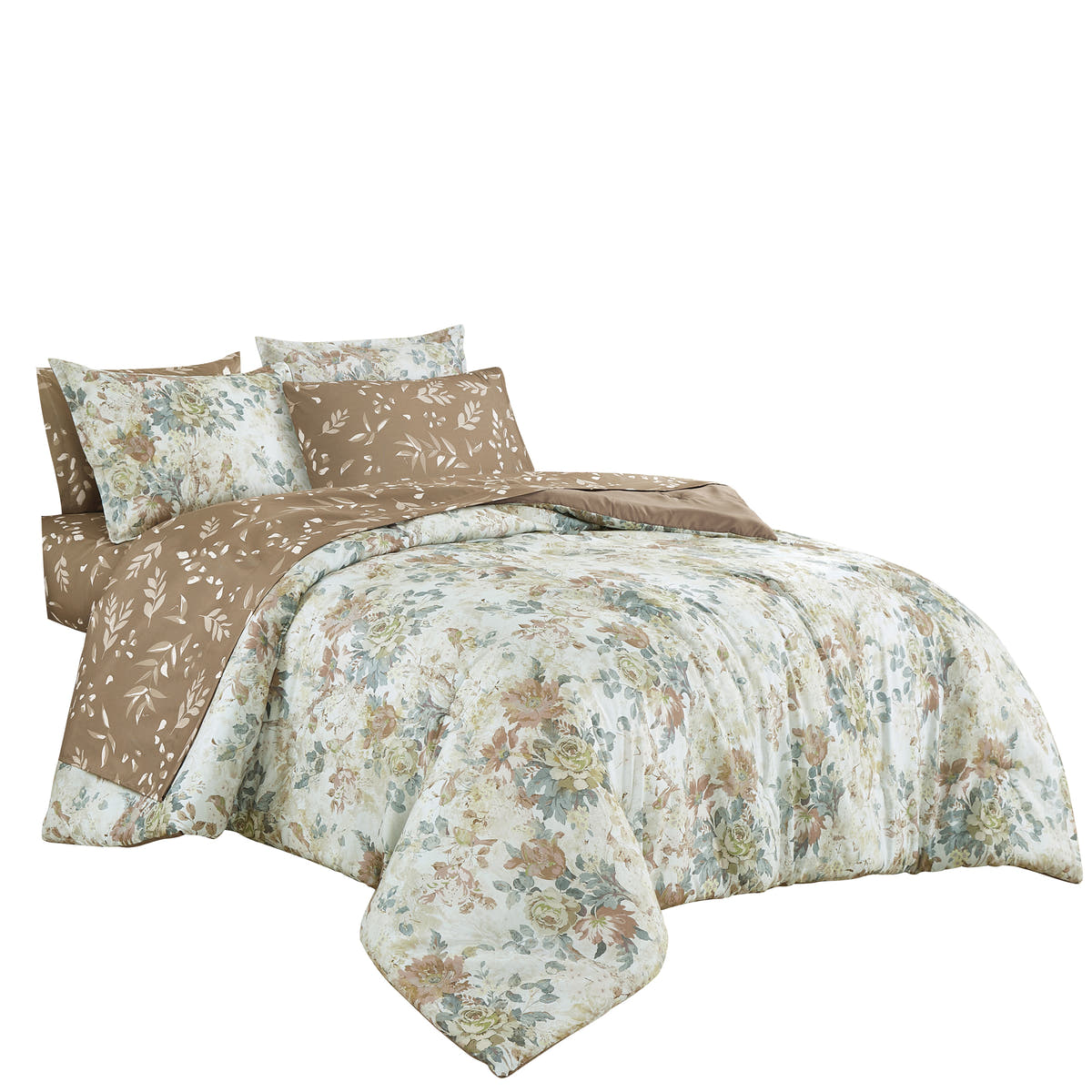 Alternate view of the Multi-Color Watercolor Floral & Tan Twig Pattern 7-Piece Bedding Set