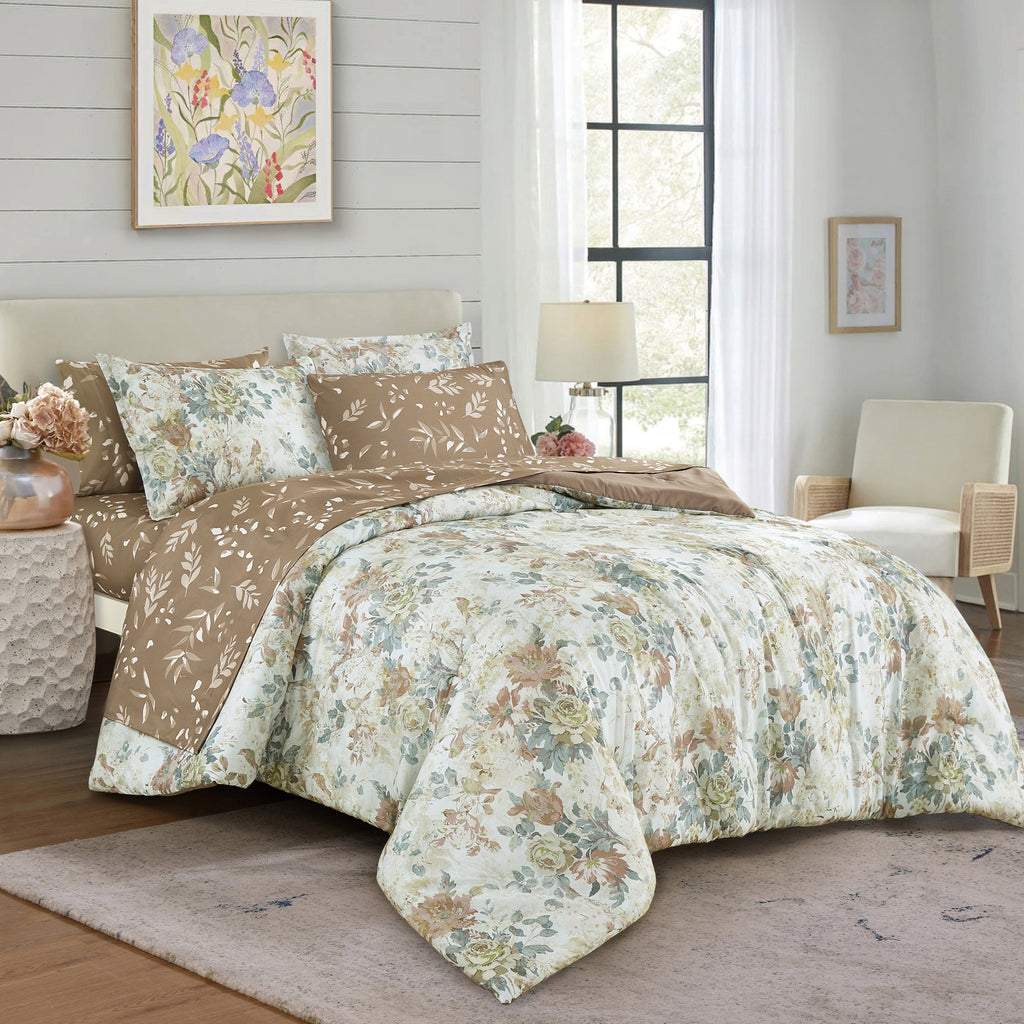 Multi-Color Watercolor Floral & Tan Twig Pattern 7-Piece Bedding Set, styled on a made bed