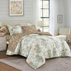 Multi-Color Watercolor Floral & Tan Twig Pattern 7-Piece Bedding Set, styled on a made bed