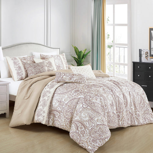 Beige paisley 7-piece comforter set arranged on a bed