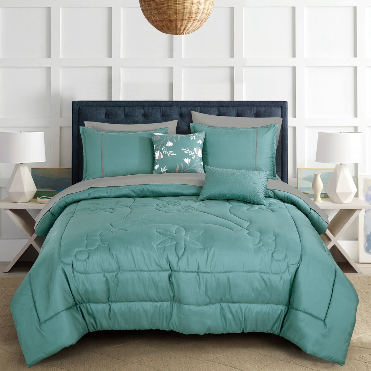 Mint Floral Quilted 9-Piece Comforter & Sheet Set - styled bedding set