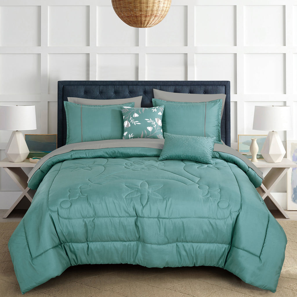 Mint Floral Quilted 9-Piece Comforter & Sheet Set - styled bedding set