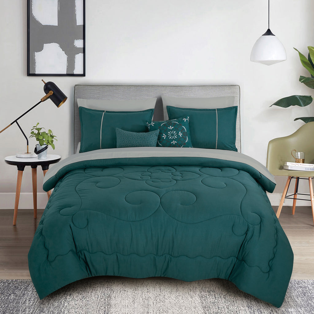 Teal Scroll Quilted 9-Piece Comforter & Sheet Set - styled bedding set