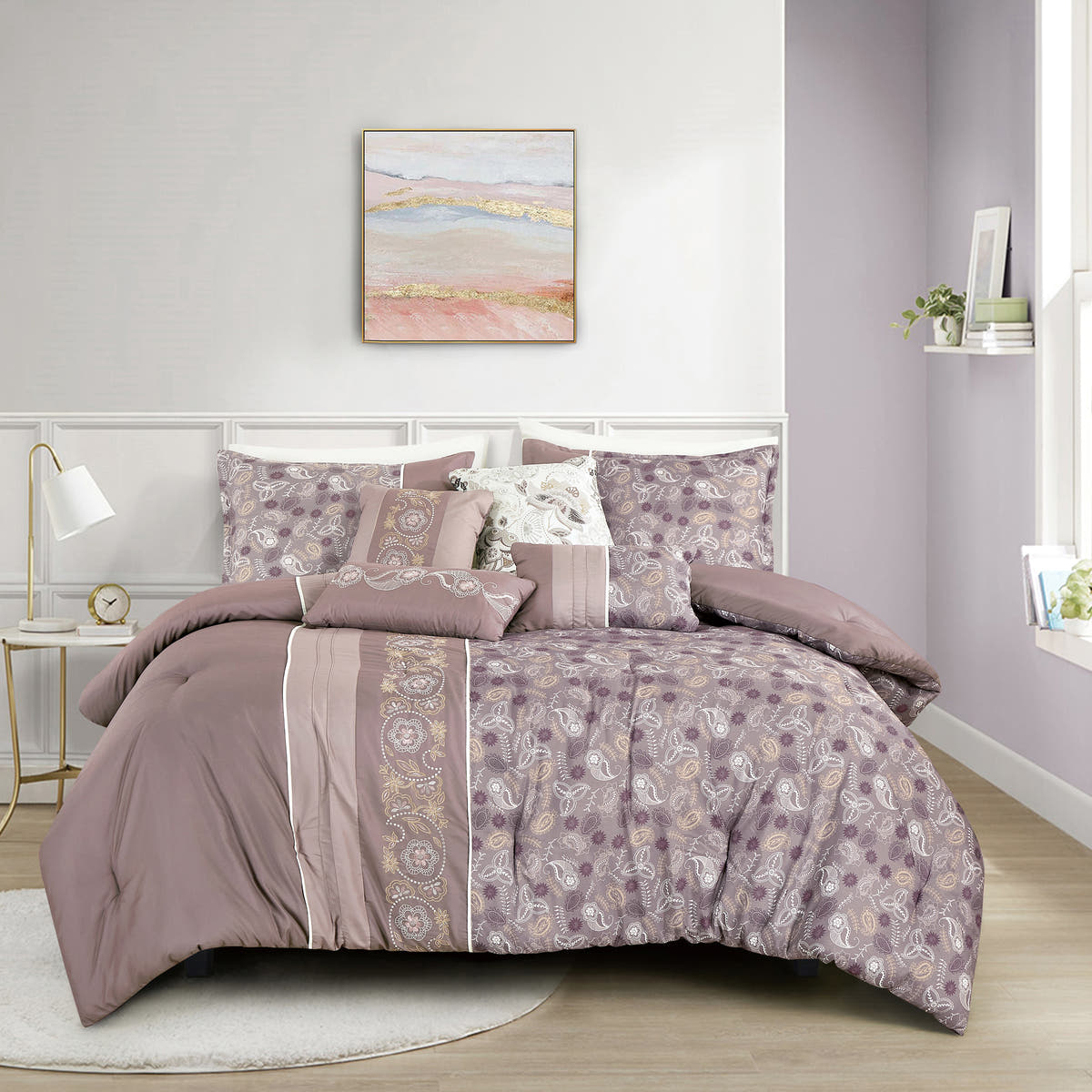 Mauve Paisley 7-Piece Comforter Set - styled bedding set