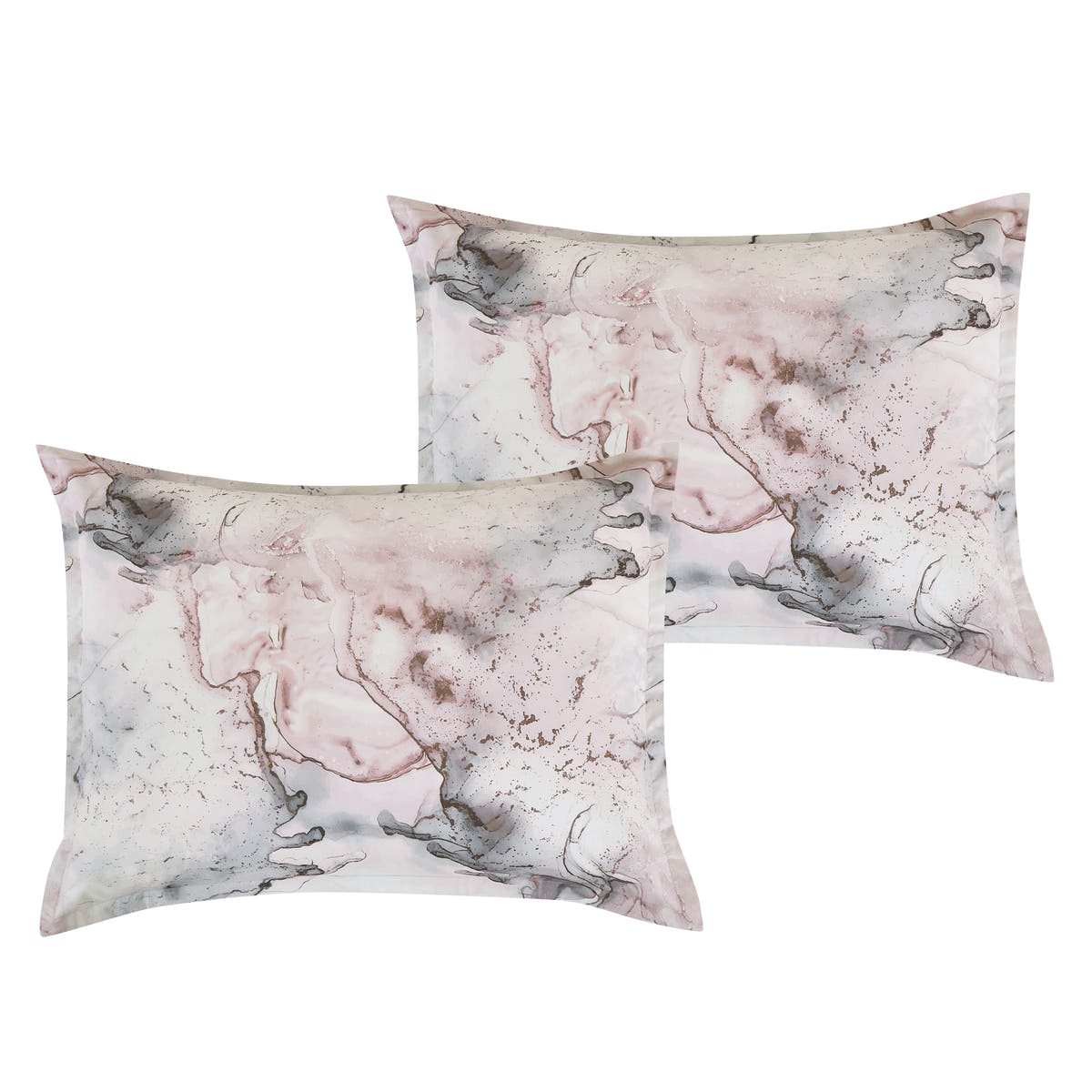 Matching pillow shams from the Blush and Grey Abstract Marbled 7-Piece Complete Bedding Ensemble