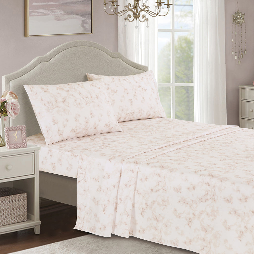 Sheet detail from the Blush and Grey Abstract Marbled 7-Piece Complete Bedding Ensemble