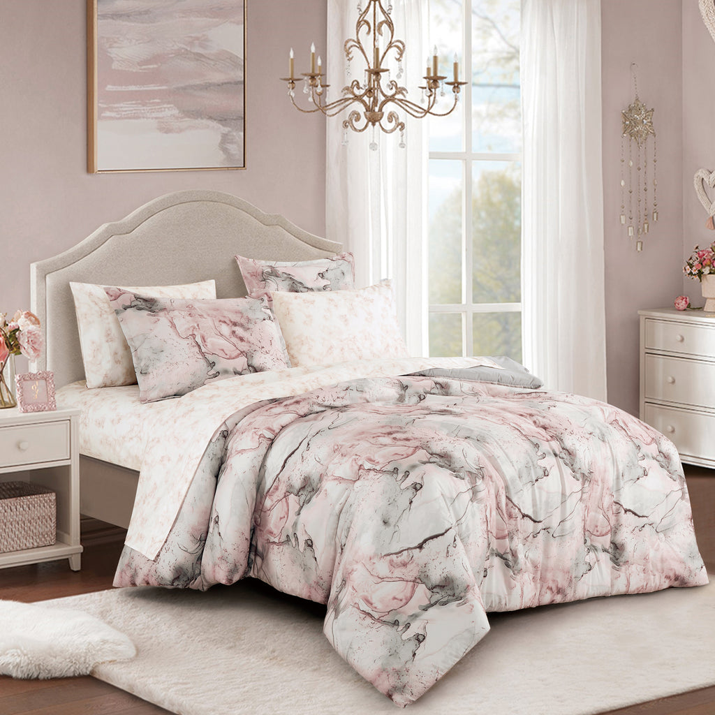 Blush and Grey Abstract Marbled 7-Piece Complete Bedding Ensemble, styled on a made bed