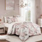 Blush and Grey Abstract Marbled 7-Piece Complete Bedding Ensemble, styled on a made bed