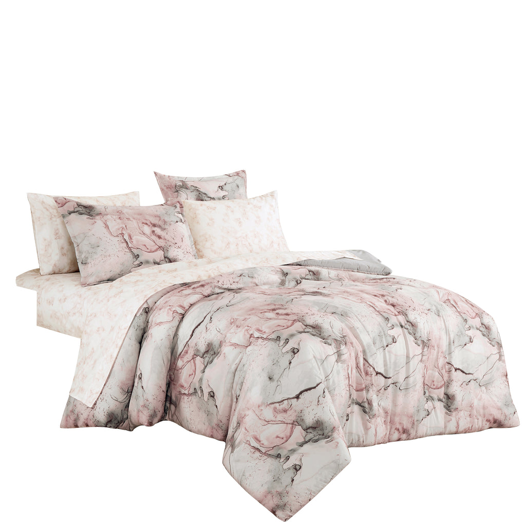 Blush and Grey Abstract Marbled 7-Piece Complete Bedding Ensemble, shown in a bedroom setting