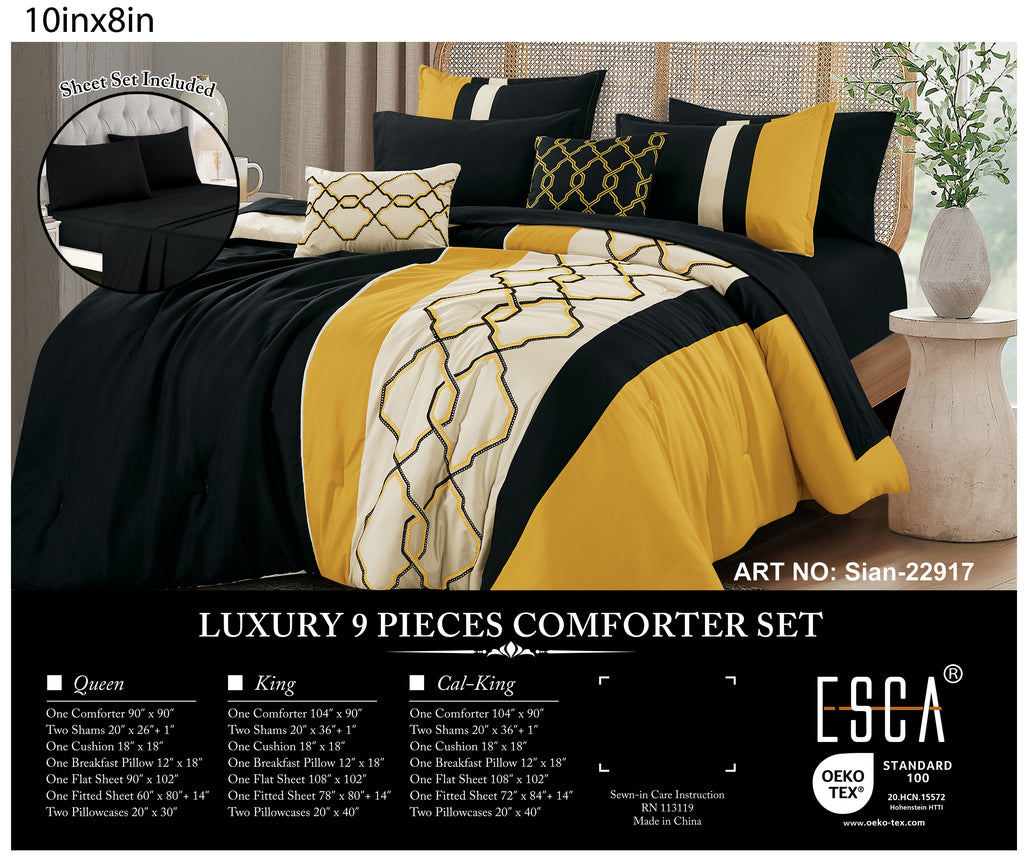Yellow and Black Geometric Embroidered 9-Piece Comforter & Sheet Set - alternate product view 2