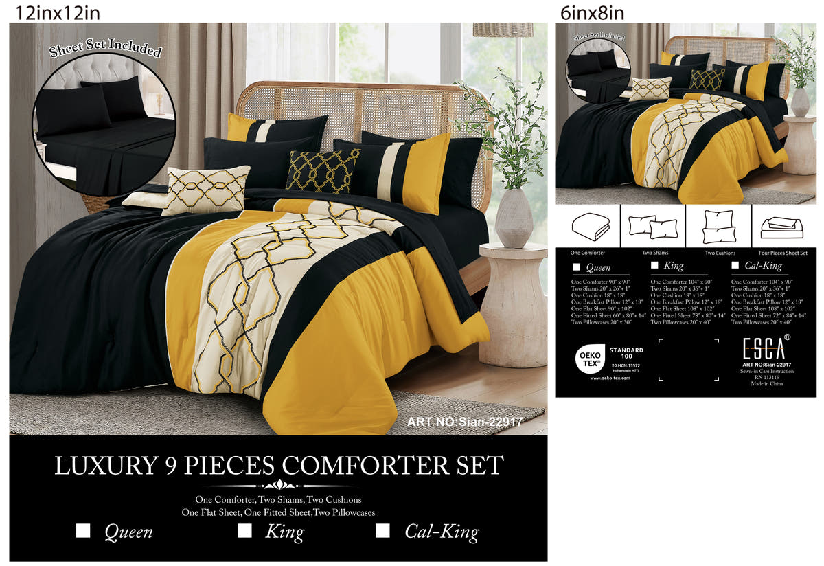 Yellow and Black Geometric Embroidered 9-Piece Comforter & Sheet Set - alternate product view 8
