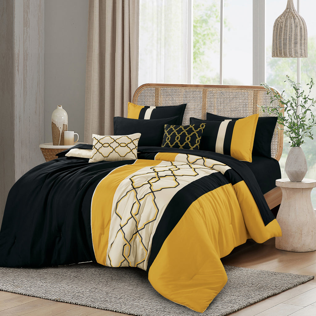Yellow and Black Geometric Embroidered 9-Piece Comforter & Sheet Set - styled bedding set