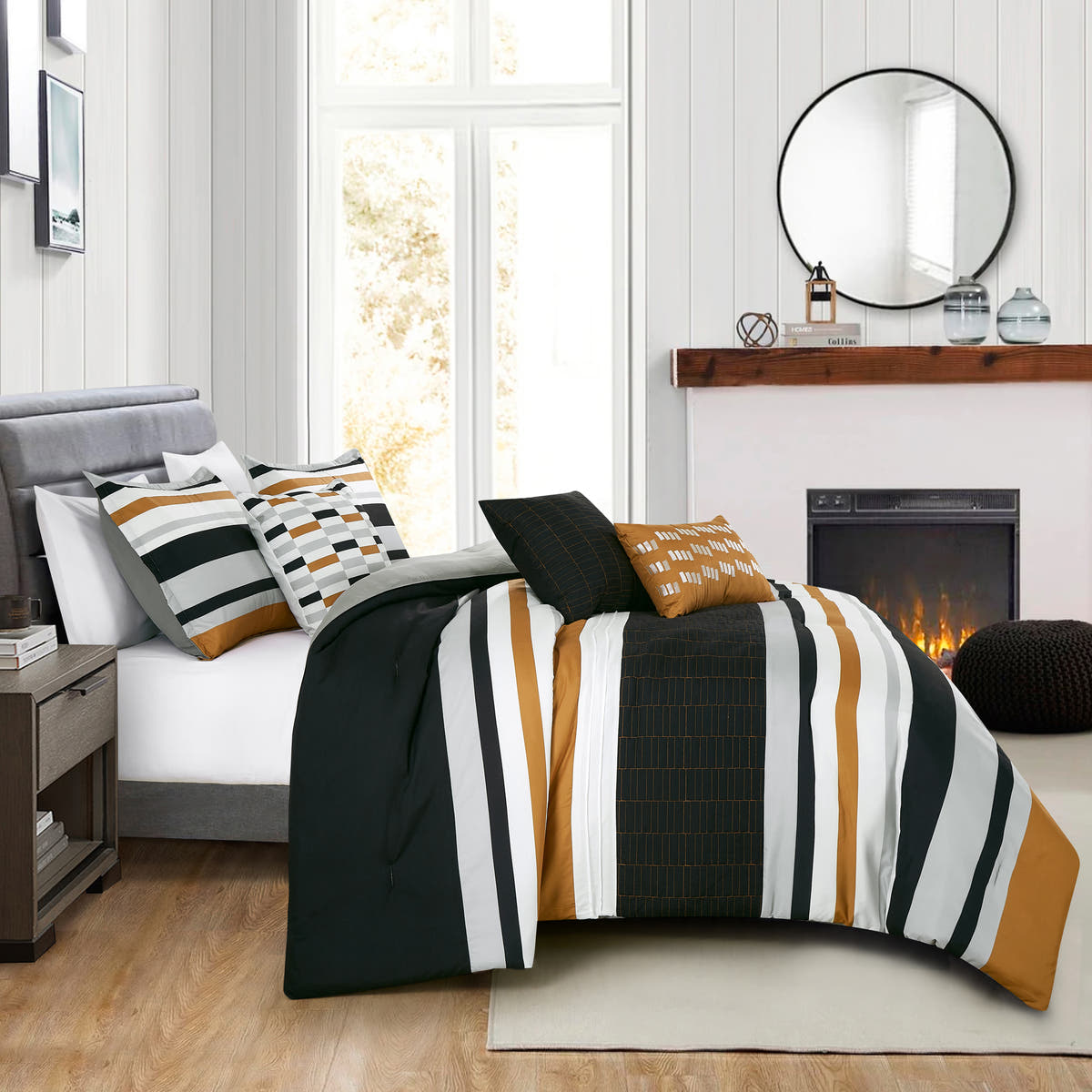 Bold Geometric Stripe 6-Piece Bedding Set with Decorative Pillows, styled on a made bed