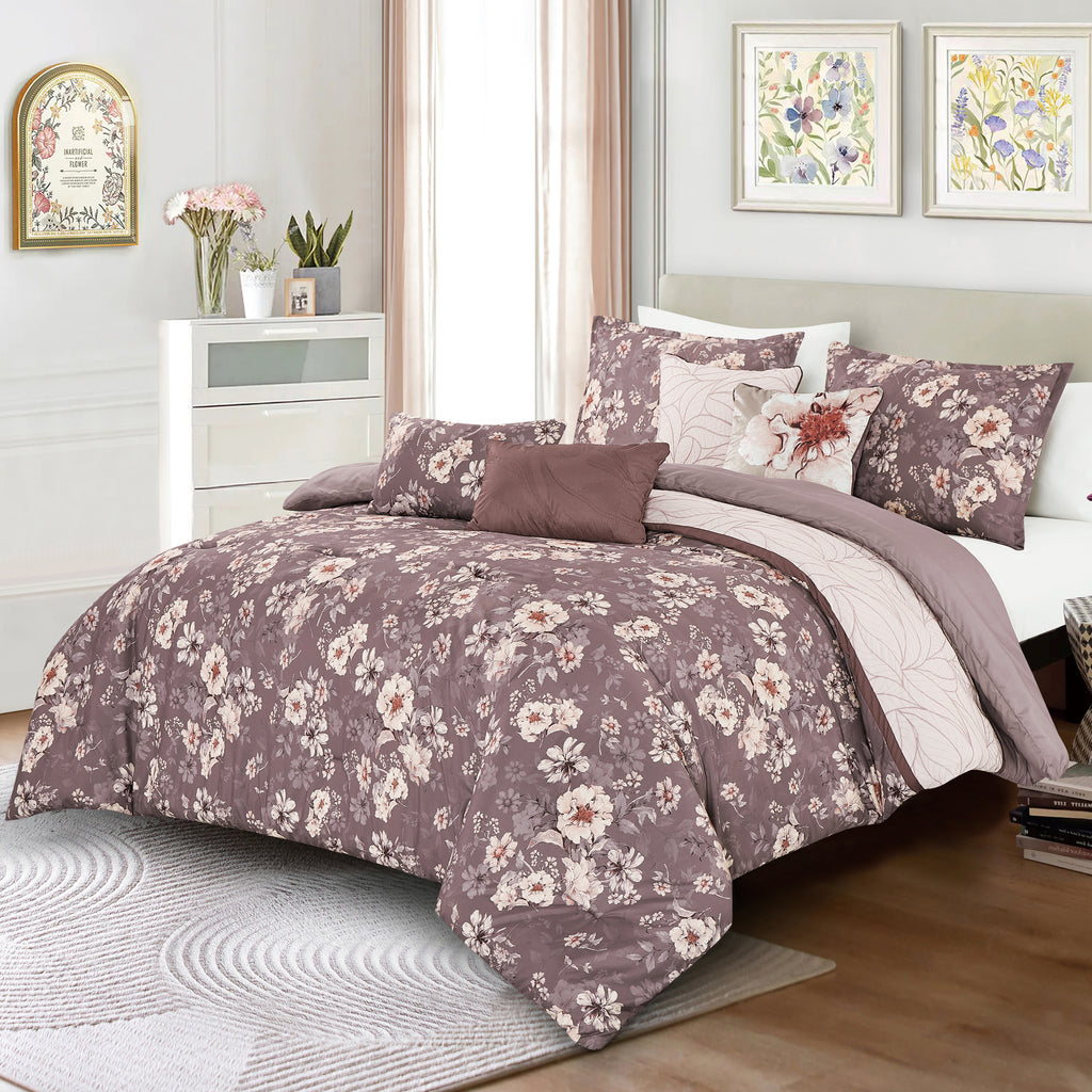Mauve Floral 7-Piece Comforter Set - styled bedding set
