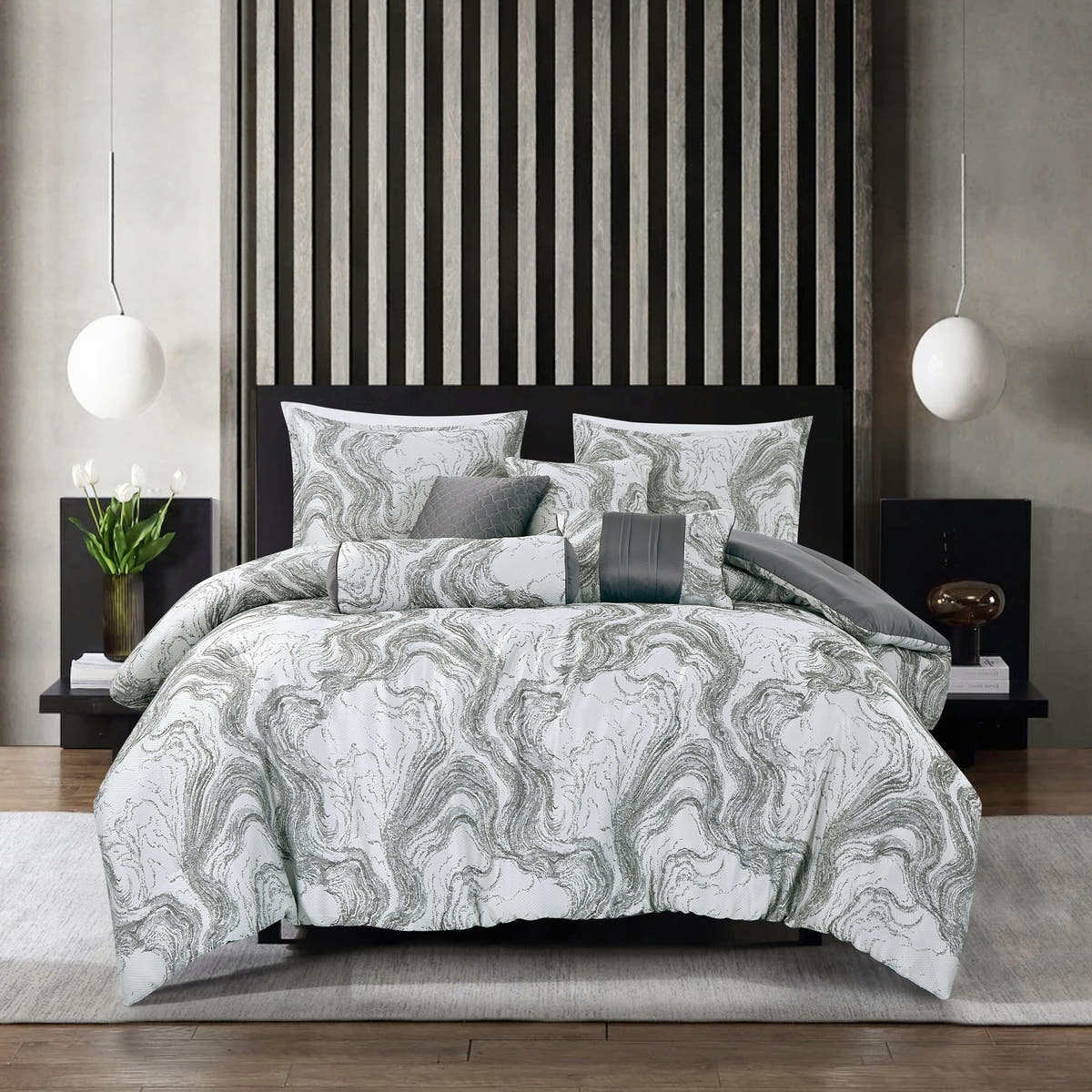 Silver Jacquard 7-Piece Comforter Set - styled bedding set