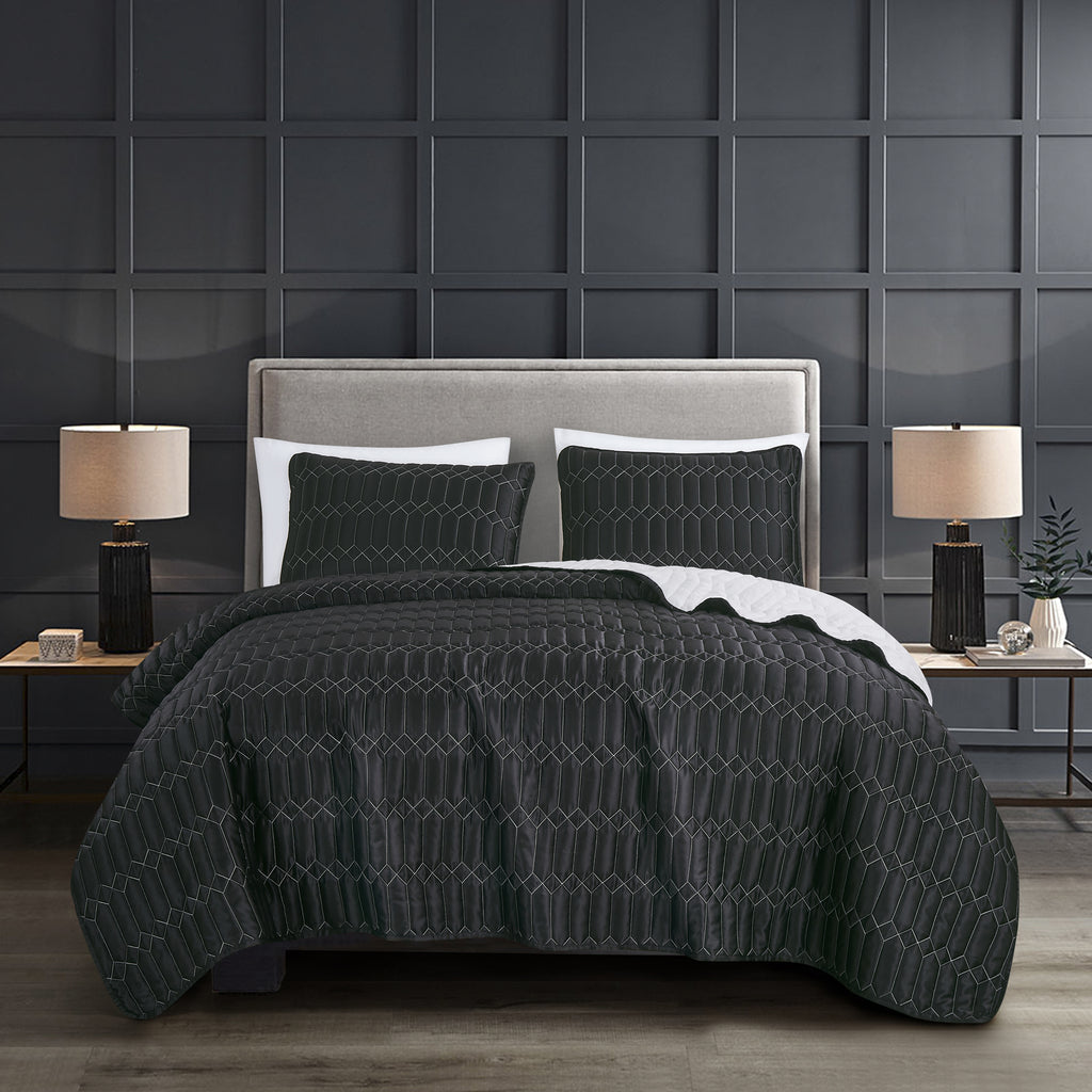 Black Quilted 3-Piece Bedspread Set - styled bedding set