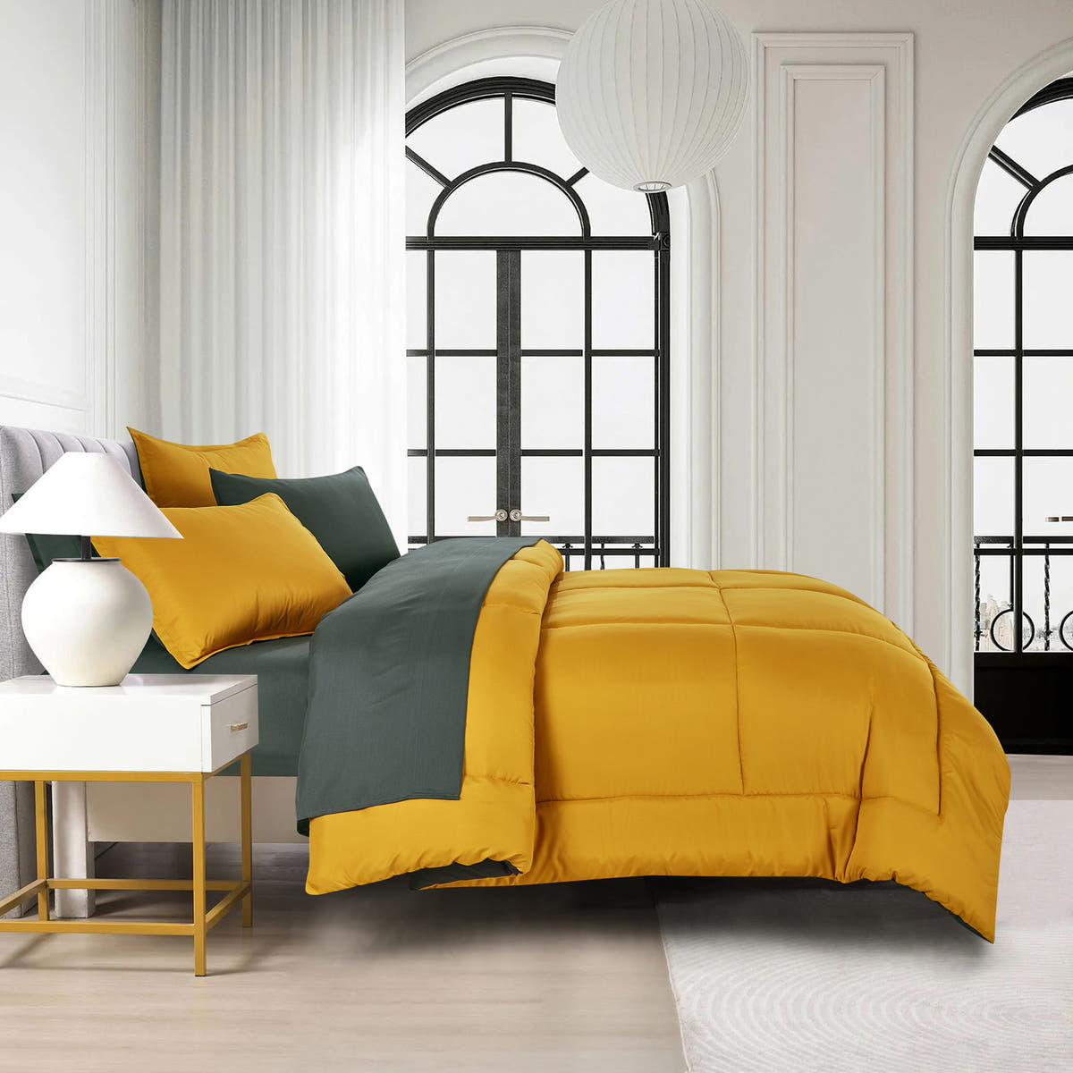 Solid Two-Tone Gold and Green 7-Piece Complete Bedding Ensemble, styled on a made bed