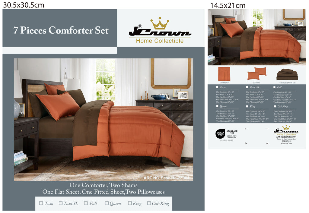 Two-Tone Terracotta 7-Piece Complete Bedding Set with Brown Sheets, shown in a bedroom setting